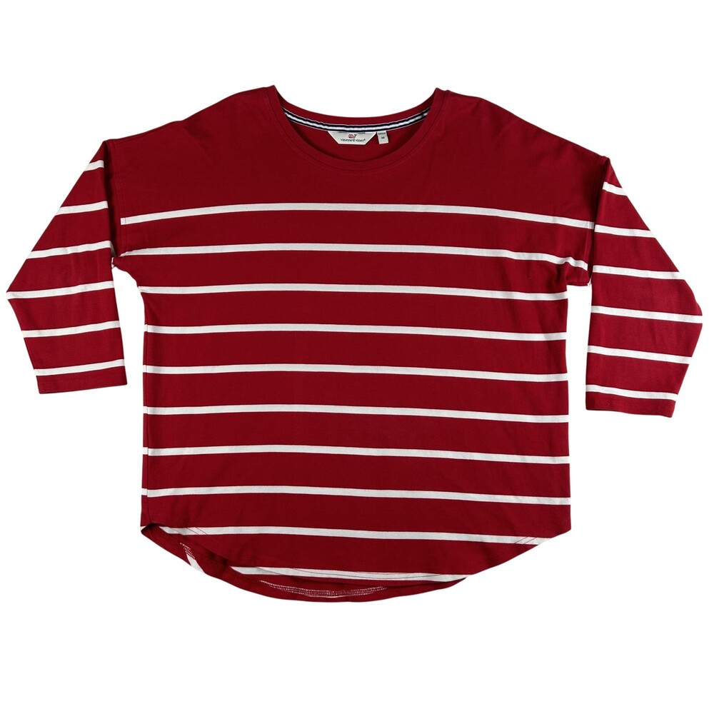 Vineyard Vines Shirt Womens Medium Red White Striped Crewneck 3/4 Sleeve Tee Top